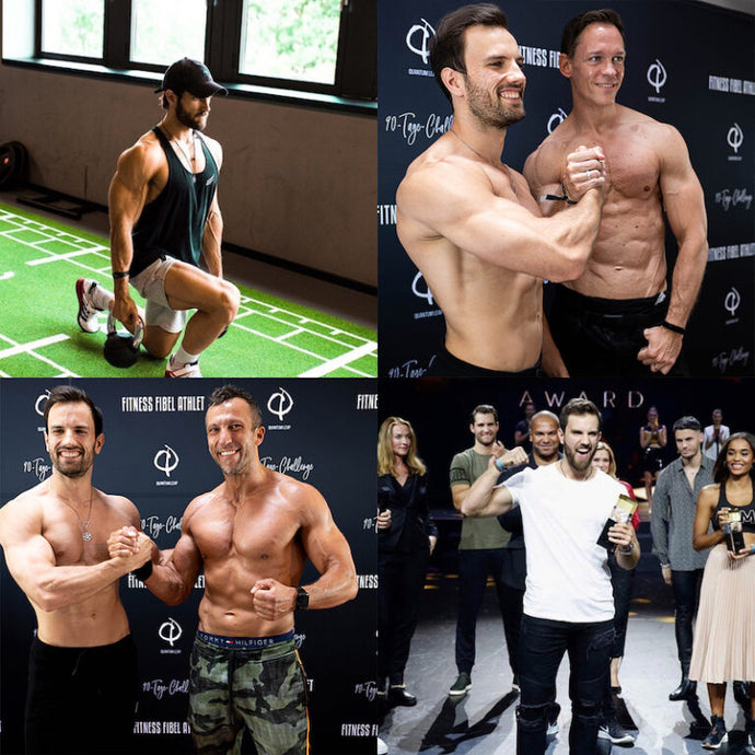 Collage showing men exercising, posing shirtless with muscular physiques, and celebrating at a fitness event stage